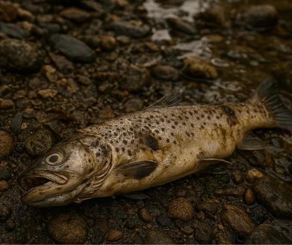 Tote Forelle in öligem Wasser
